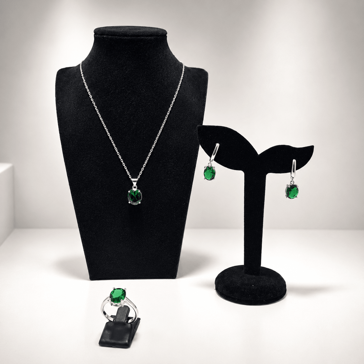 Emerald Green Crystal Jewellery Set – Pendant, Earrings & Ring Collection - Prestige Stones