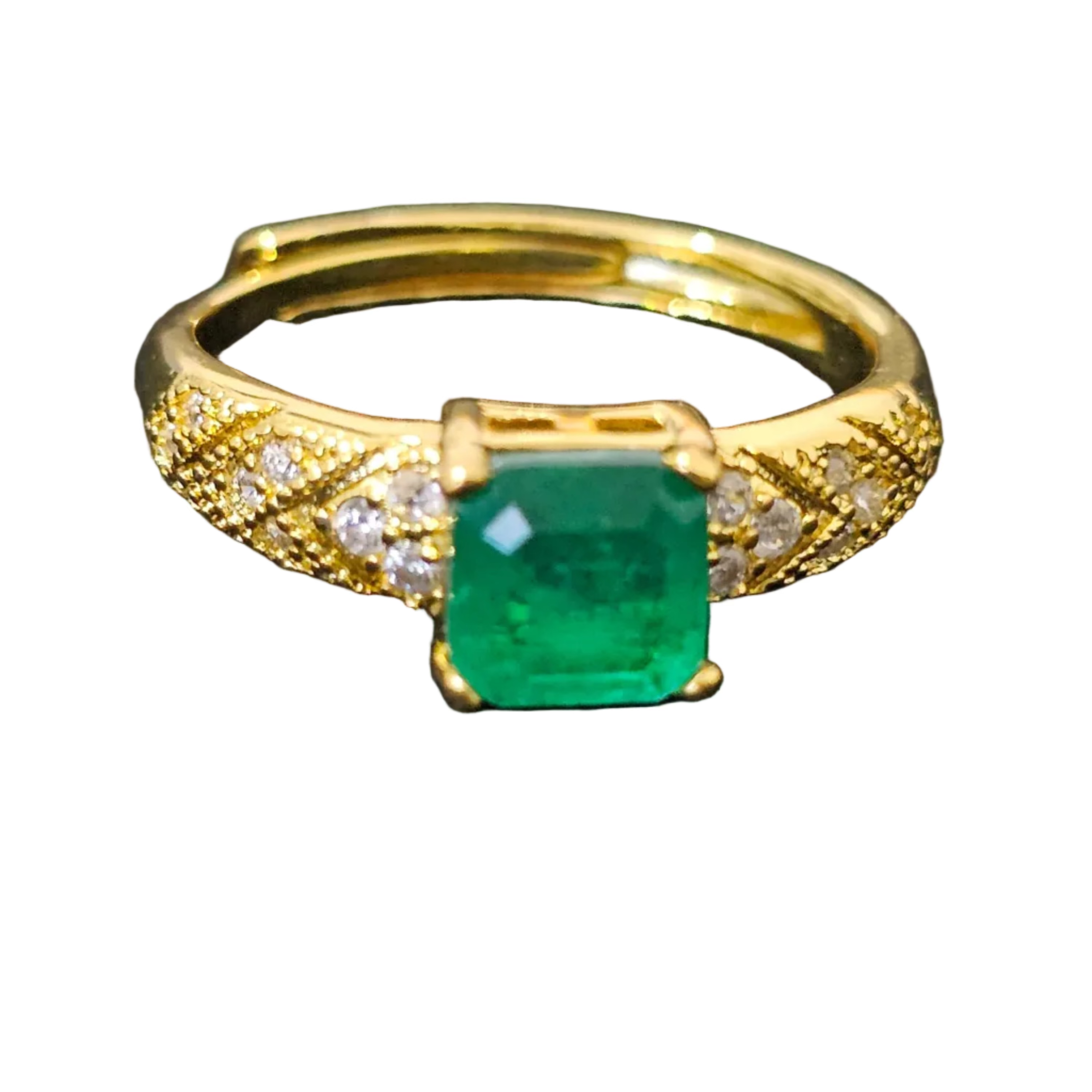 Emerald gemstone ring with white crystal accents in 18K gold plating, adjustable size J to S