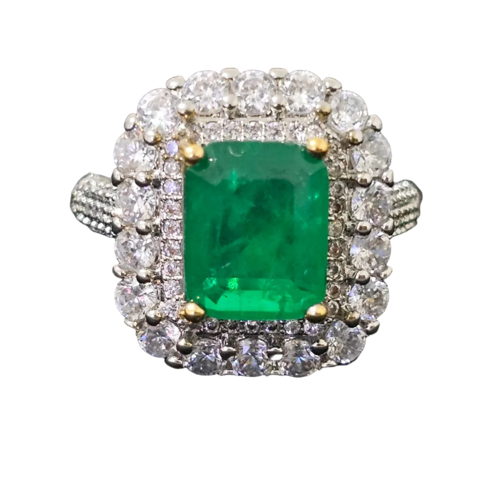 Adjustable emerald gemstone ring with white crystal accents, 18K white gold-plated finish, size L½–T½, elegant and versatile
