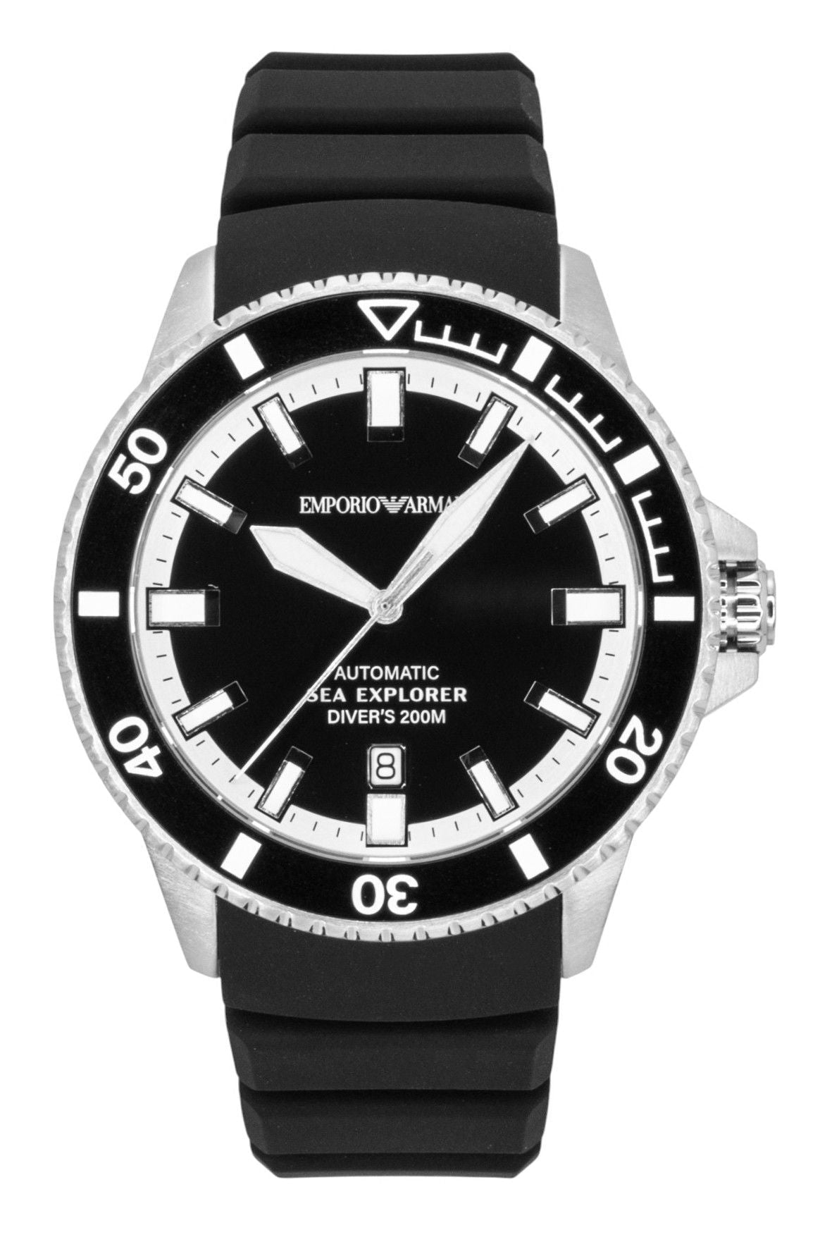 Emporio Armani Sea Explorer Silicone Strap Black Dial Diver's Automatic AR60086 200M Men's Watch - Prestige Stones