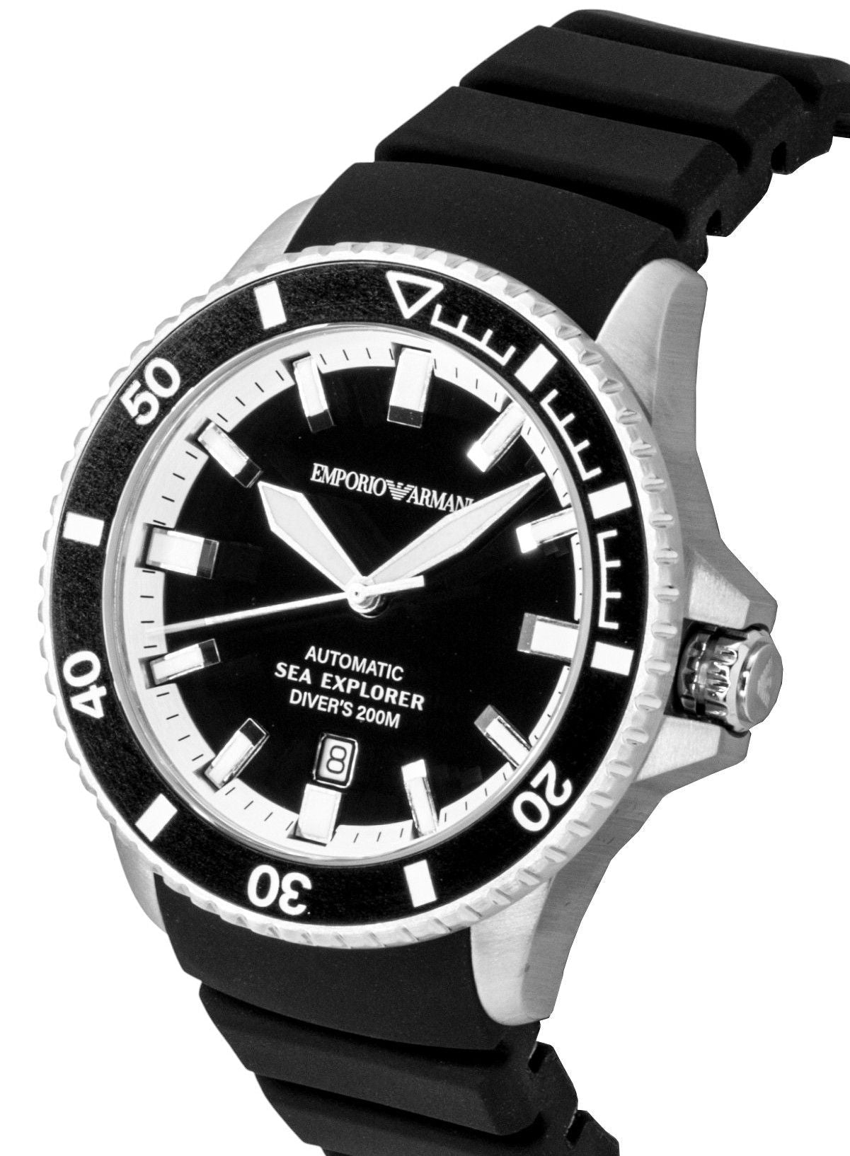 Emporio Armani Sea Explorer Silicone Strap Black Dial Diver's Automatic AR60086 200M Men's Watch - Prestige Stones