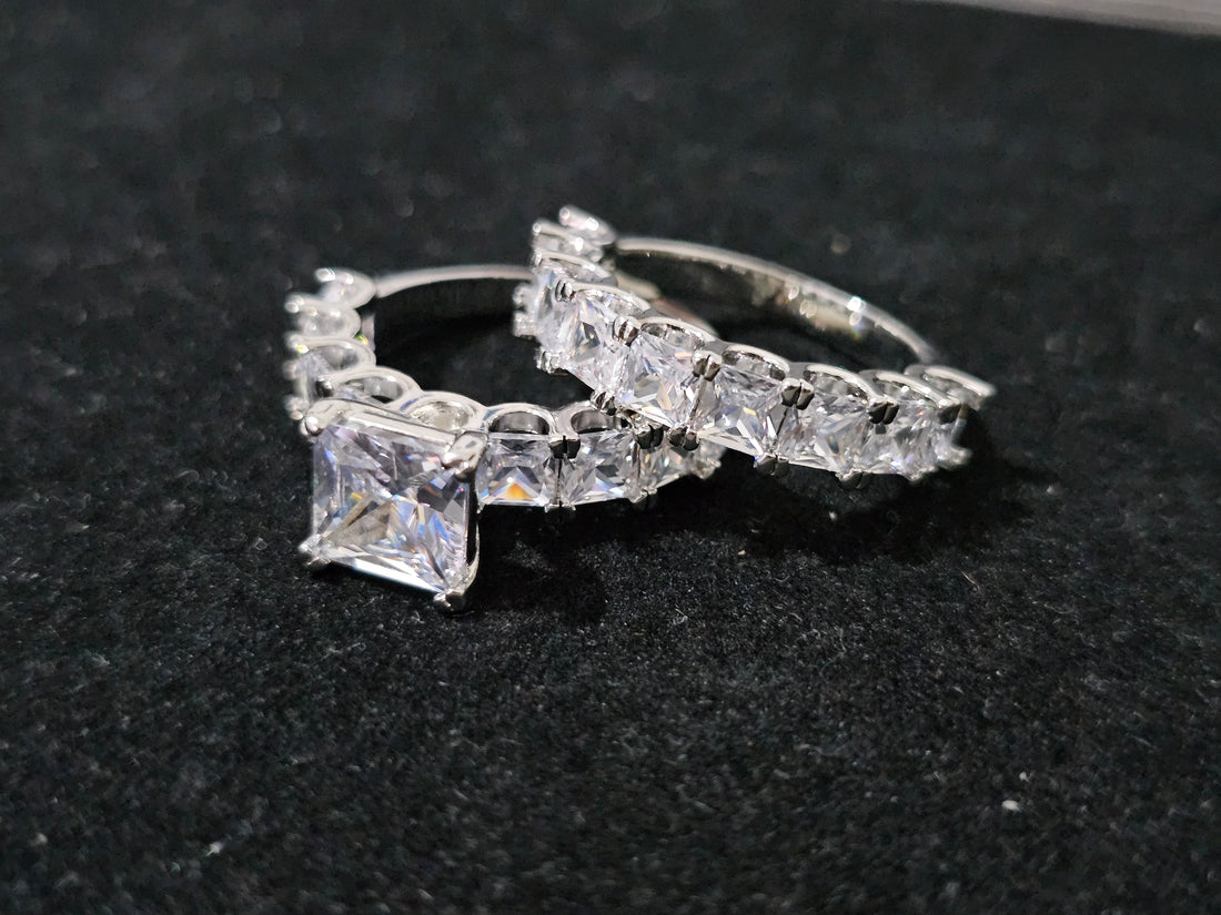 Essentials twin ring set with princess-cut and square simulated white gemstones, 18K white gold-plated finish, size Q½, nickel-free and hypoallergenic