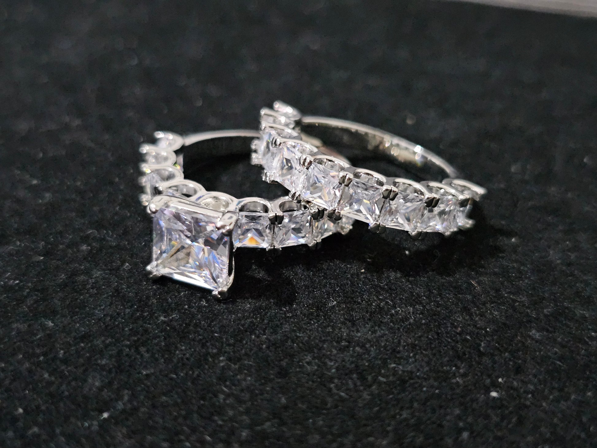 Essentials twin ring set with princess-cut and square simulated white gemstones, 18K white gold-plated finish, size Q½, nickel-free and hypoallergenic