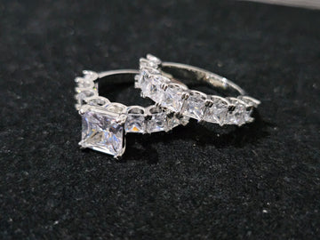 Essentials twin ring set with princess-cut and square simulated white gemstones, 18K white gold-plated finish, size Q½, nickel-free and hypoallergenic