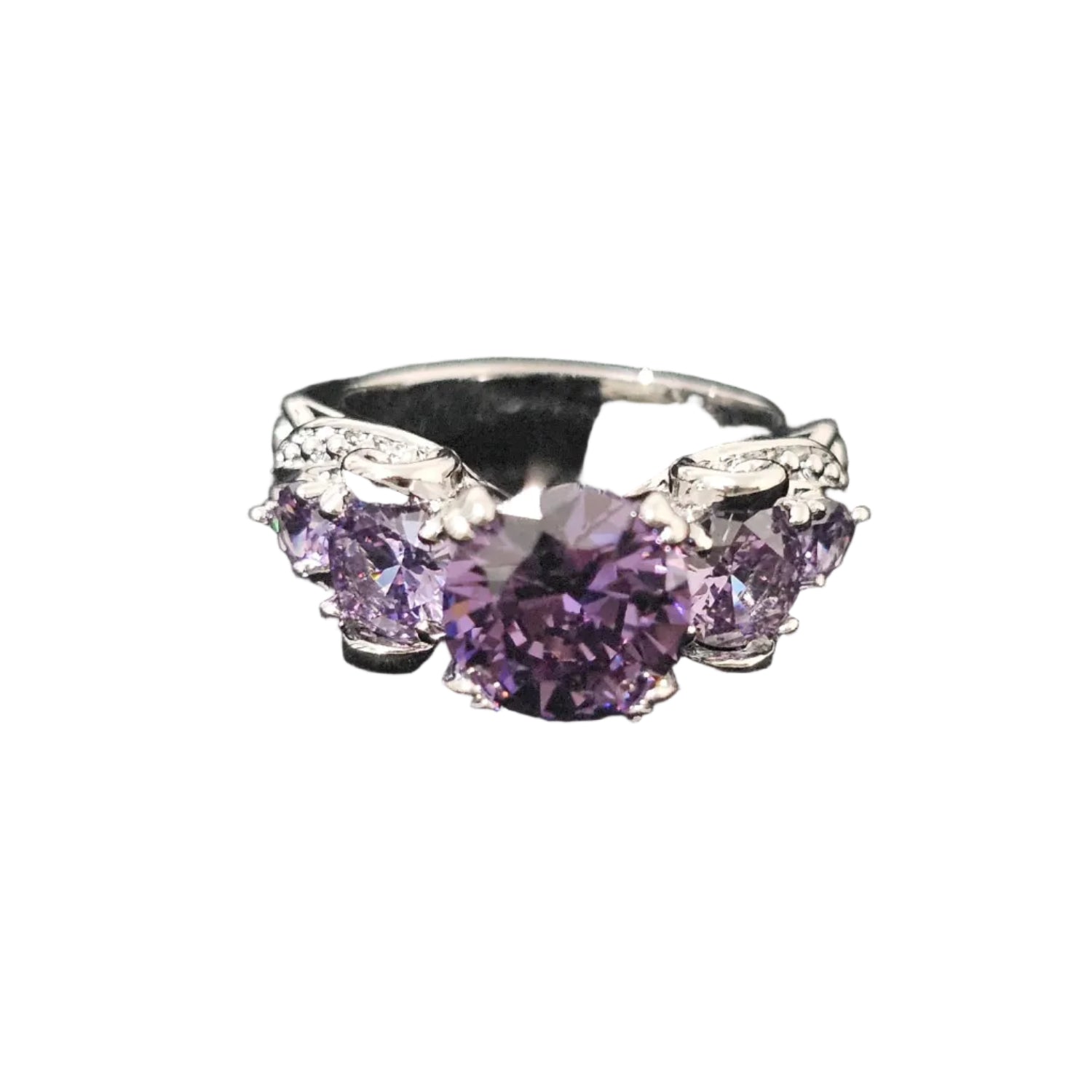 Essentials Vanel claw-set purple zirconia ring with center stone and side accents in hypoallergenic alloy, size US 5