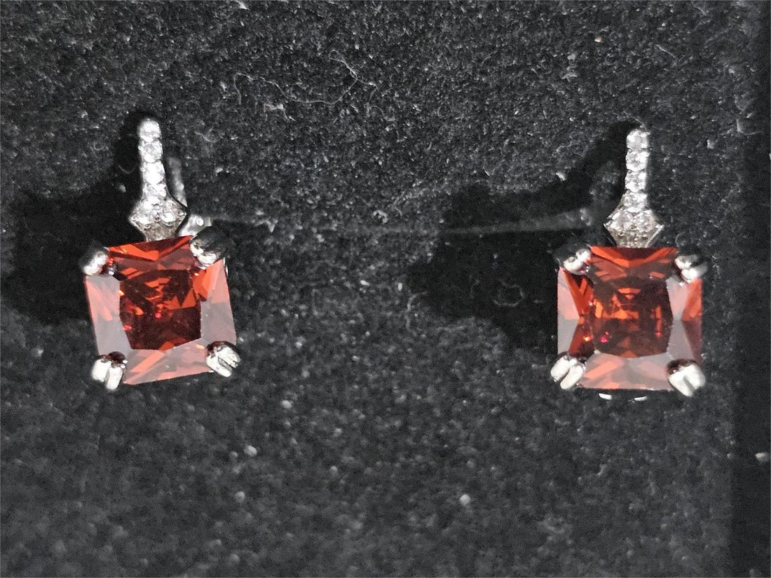Square cubic zirconia drop earrings in red – geometric modern design, lightweight and stylish for daily or evening wear