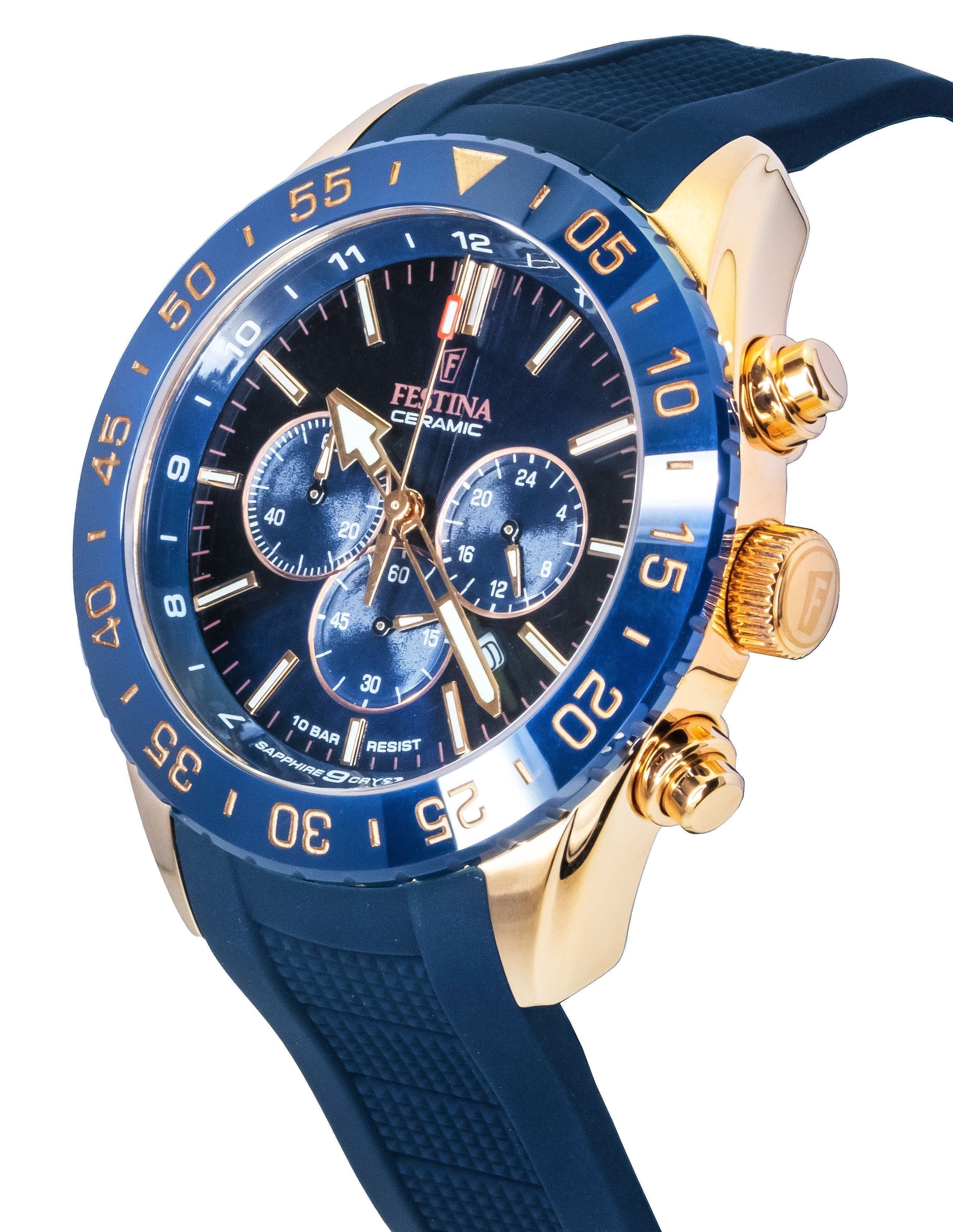 Festina Ceramic Chronograph Rubber Strap Blue Dial Quartz F20516 - 1 100M Men's Watch - Prestige Stones
