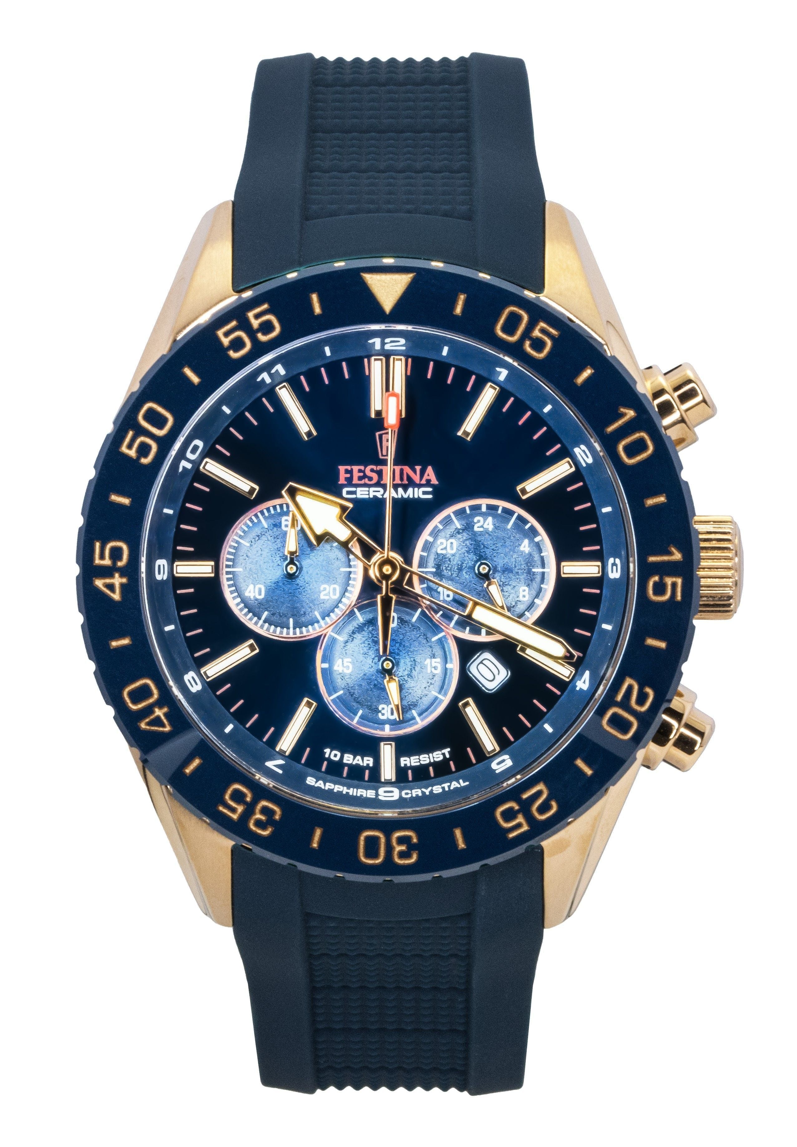 Festina Ceramic Chronograph Rubber Strap Blue Dial Quartz F20516 - 1 100M Men's Watch - Prestige Stones