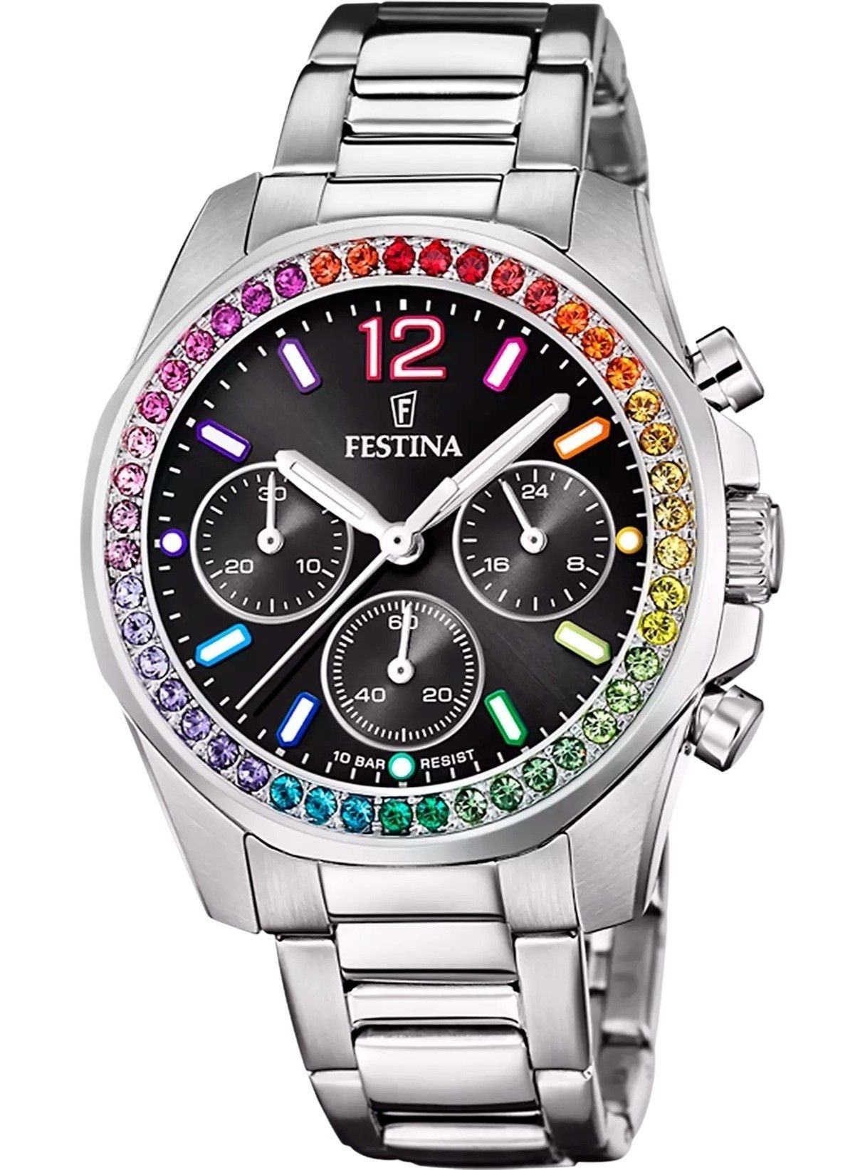Festina Rainbow Chronograph Crystal Accents Stainless Steel Black Dial Quartz F20606 - 3 100M Women's Watch - Prestige Stones