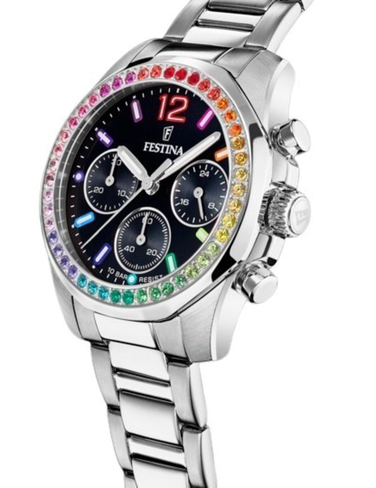 Festina Rainbow Chronograph Crystal Accents Stainless Steel Black Dial Quartz F20606 - 3 100M Women's Watch - Prestige Stones
