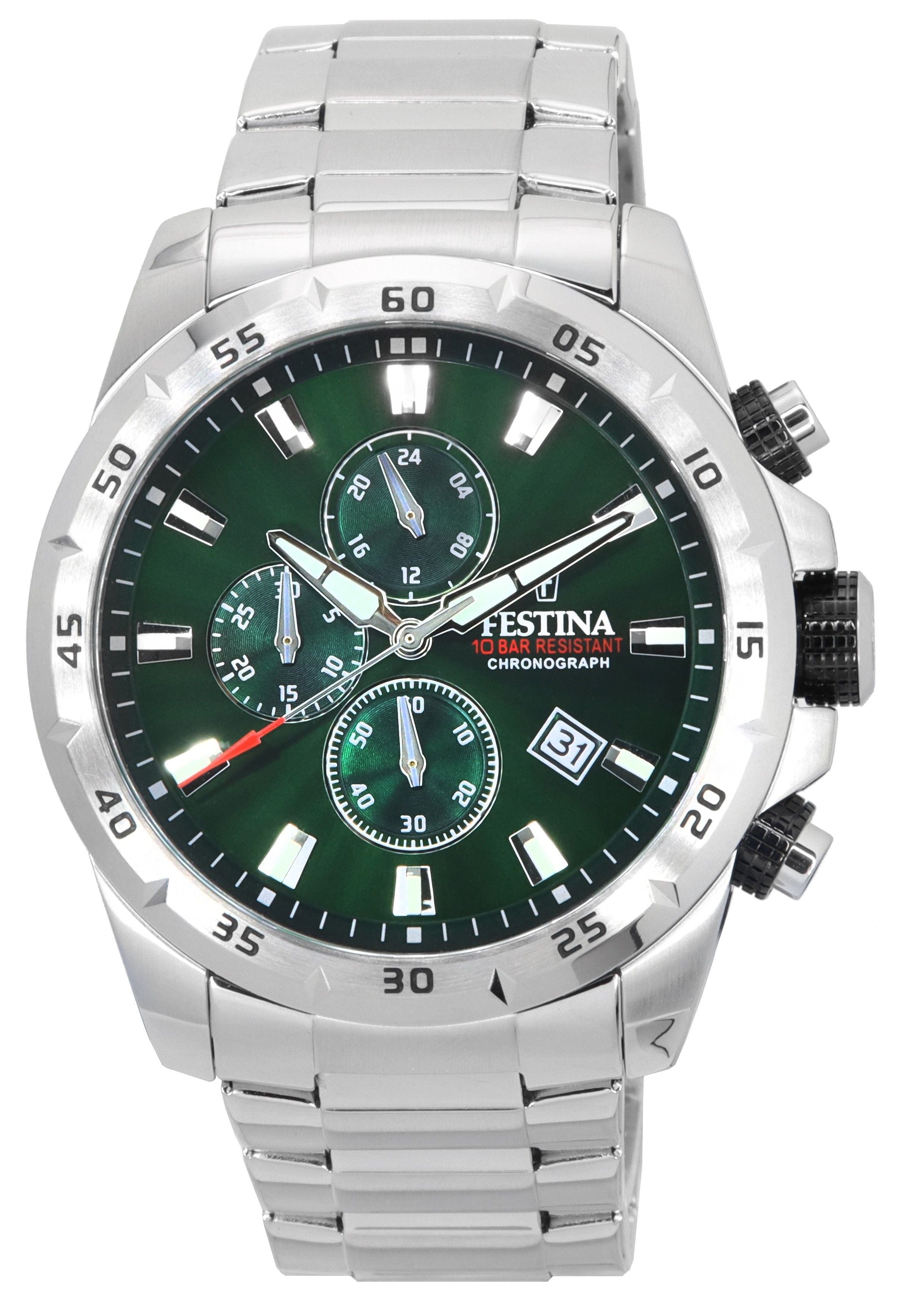 Festina Sports Chorongraph Stainless Steel Green Dial Quartz F20463 - 3 F204633 100M Men's Watch - Prestige Stones