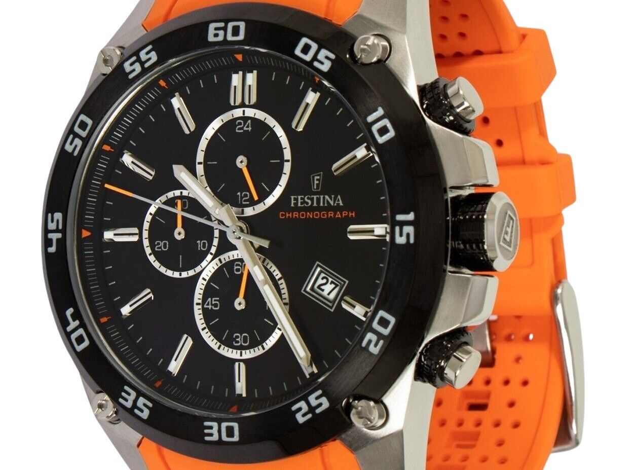 Festina The Originals Chronograph Orange Rubber Strap Black Dial Quartz F20330 - 4 100M Men's Watch - Prestige Stones