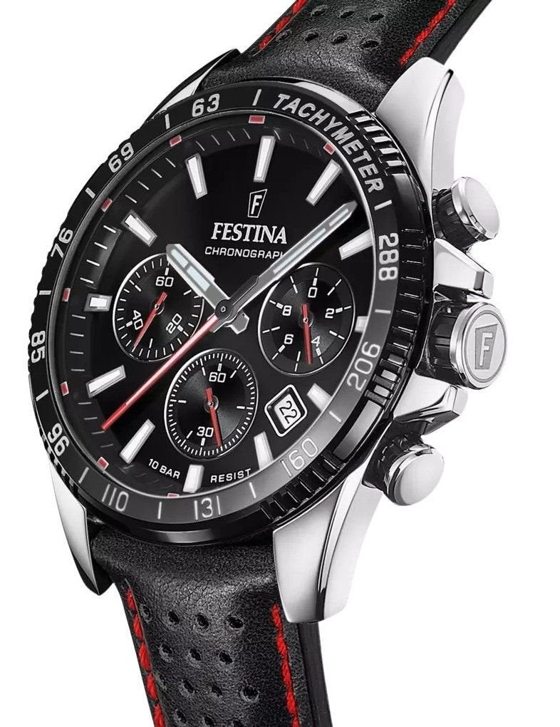 Festina Timeless Chronograph Leather Strap Black Dial Quartz F20561 - 4 100M Men's Watch - Prestige Stones