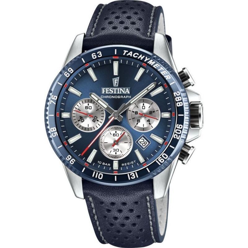 Festina Timeless Chronograph Leather Strap Blue Dial Quartz F20561 - 2 100M Men's Watch - Prestige Stones