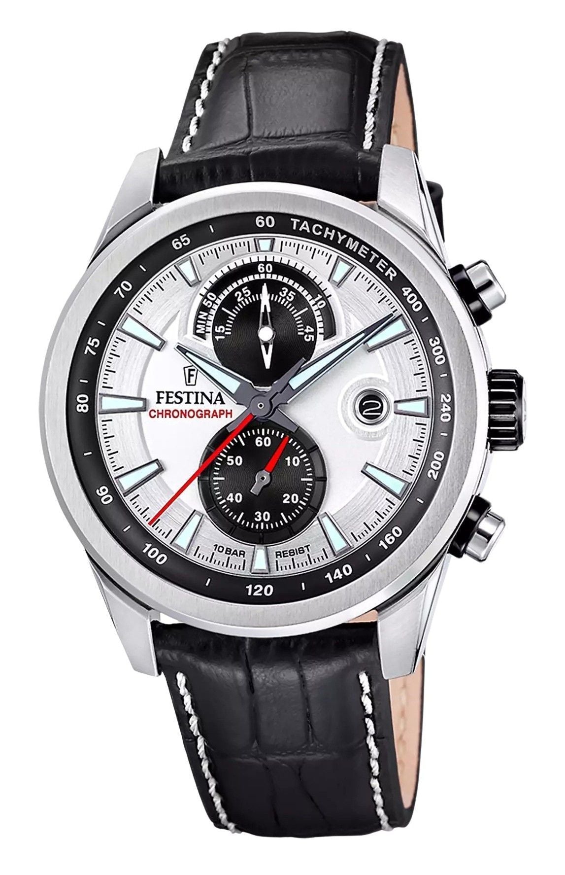 Festina Timeless Chronograph Leather Strap Silver Dial Quartz F20695 - 1 100M Men's Watch - Prestige Stones