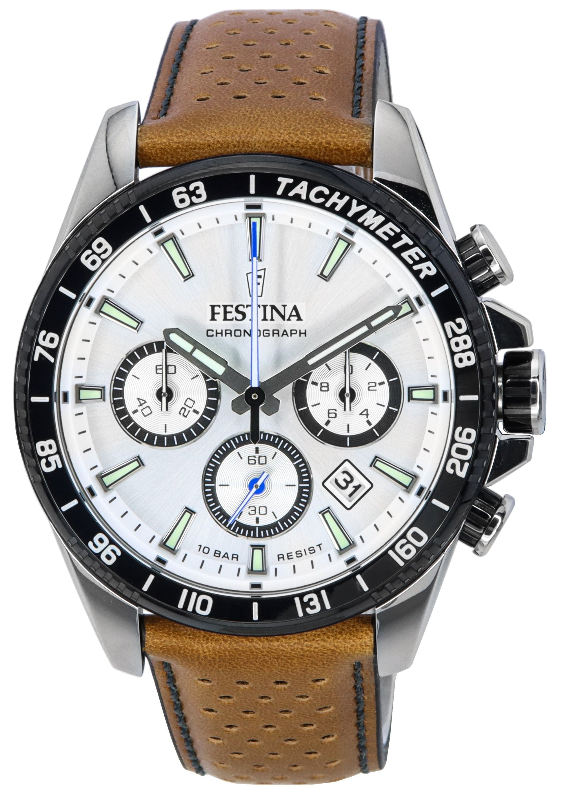 Festina Timeless Chronograph Leather Strap White Dial F20561 - 1 F205611 100M Men's Watch - Prestige Stones