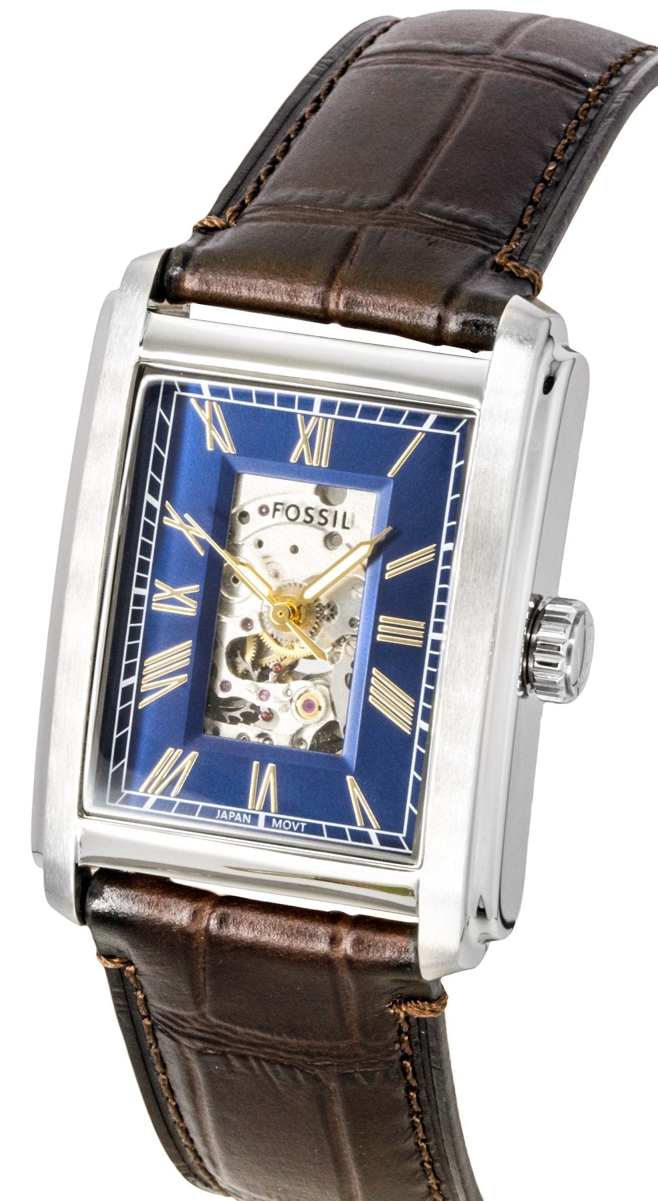 Fossil Carraway Croco Leather Strap Open Heart Blue Dial Automatic ME3273 Men's Watch - Prestige Stones