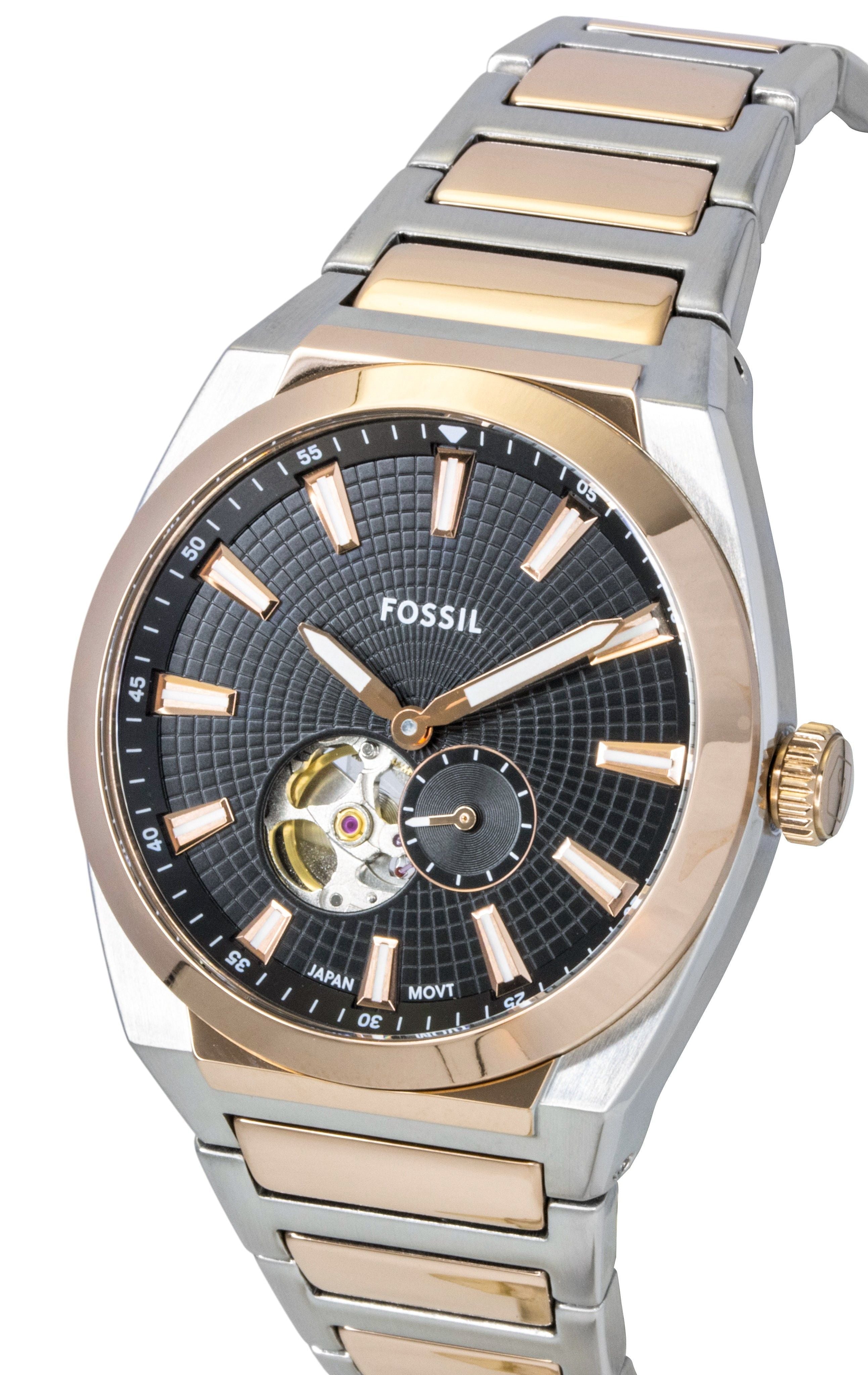 Fossil Everett Two - Tone Stainless Steel Open Heart Black Dial Automatic ME3277 Men's Watch - Prestige Stones