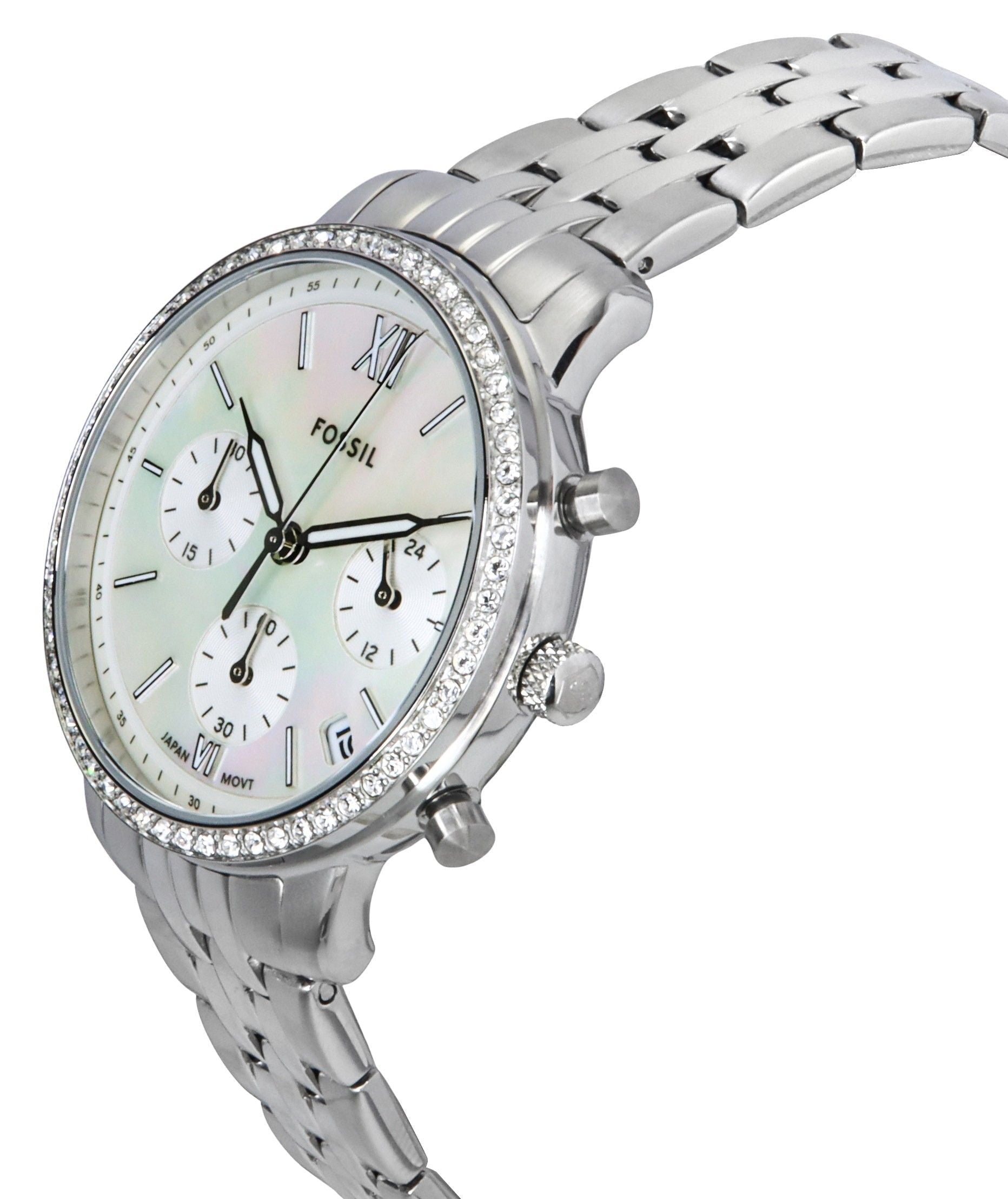 Fossil Neutra Chronograph Crystal Accents Stainless Steel White Mother Of Pearl Dial Quartz ES5357 Women's Watch - Prestige Stones