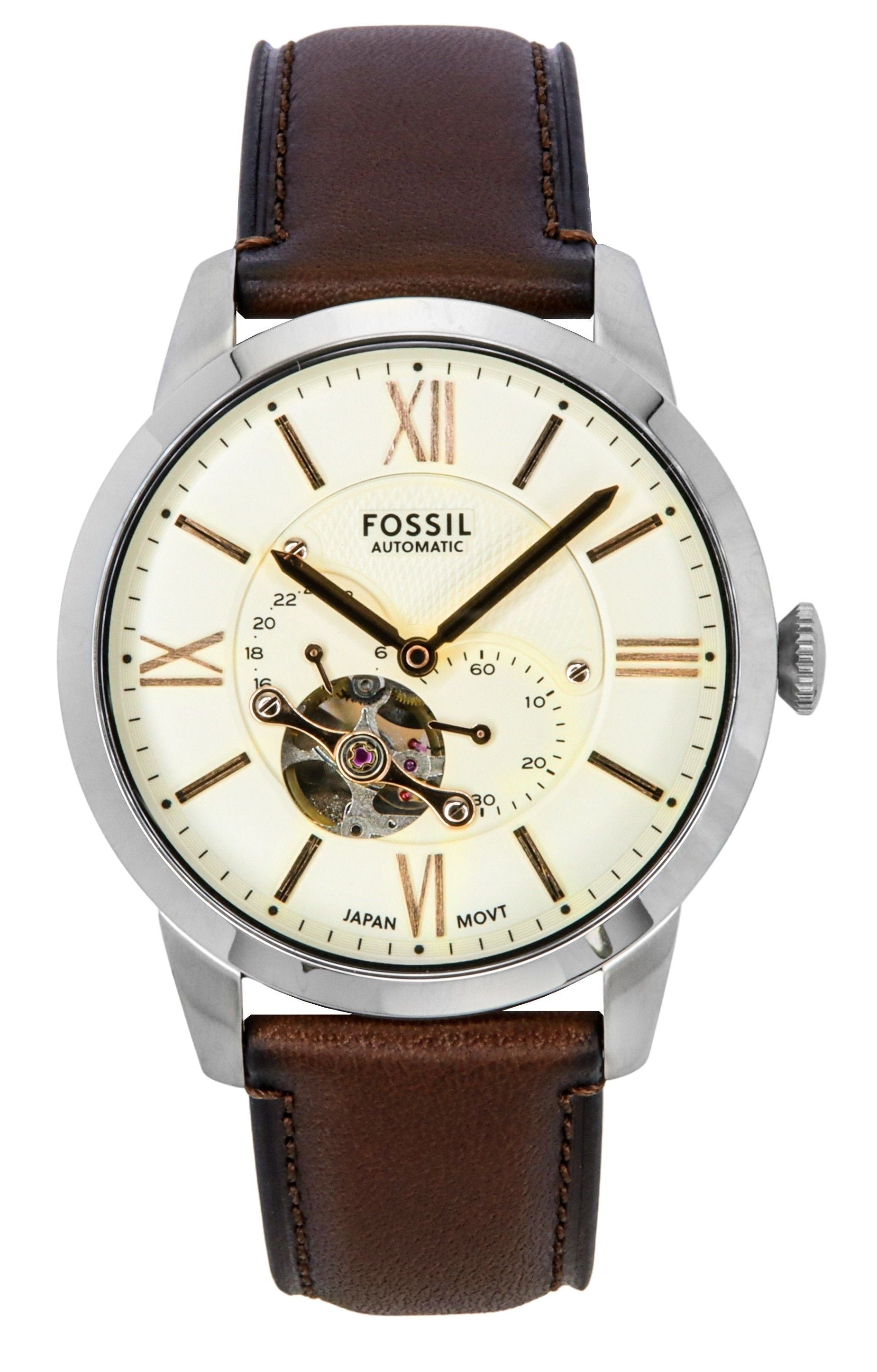 Fossil Townsman Leather Strap Open Heart Cream Dial Automatic ME3266 Men's Watch - Prestige Stones