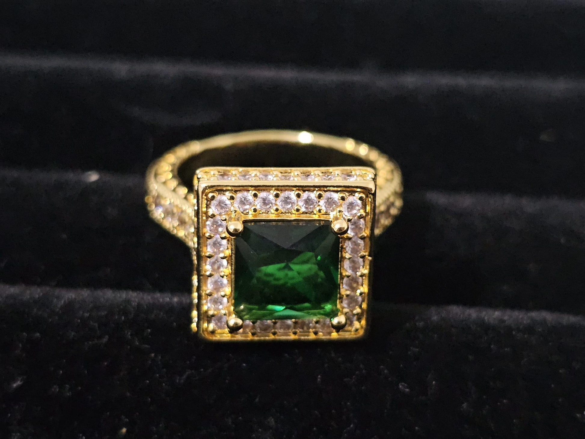 Geometric cubic zirconia decor ring in yellow gold finish, adjustable one-size design for formal events