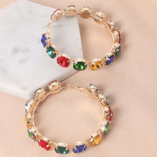 Glamorous Large Zinc Alloy Multi Color Rhinestone Decor Hoop Earrings - Prestige Stones