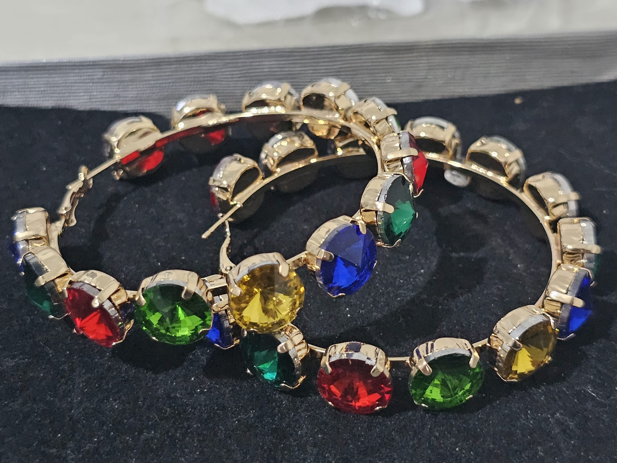 Glamorous Large Zinc Alloy Multi Color Rhinestone Decor Hoop Earrings - Prestige Stones