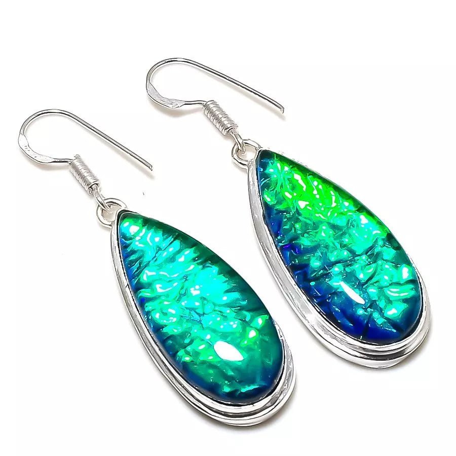 Handcrafted 925 silver earrings with lab-created green Australian triplet opals – 1.97 inches, ethnic-inspired design