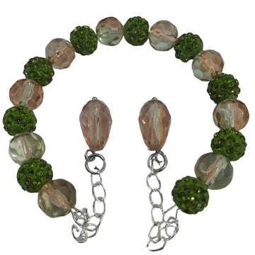 Two-piece bracelet set with green rhinestone pavé balls, clear faceted oval crystals, and light crystal round beads with silver-tone dangle chains
