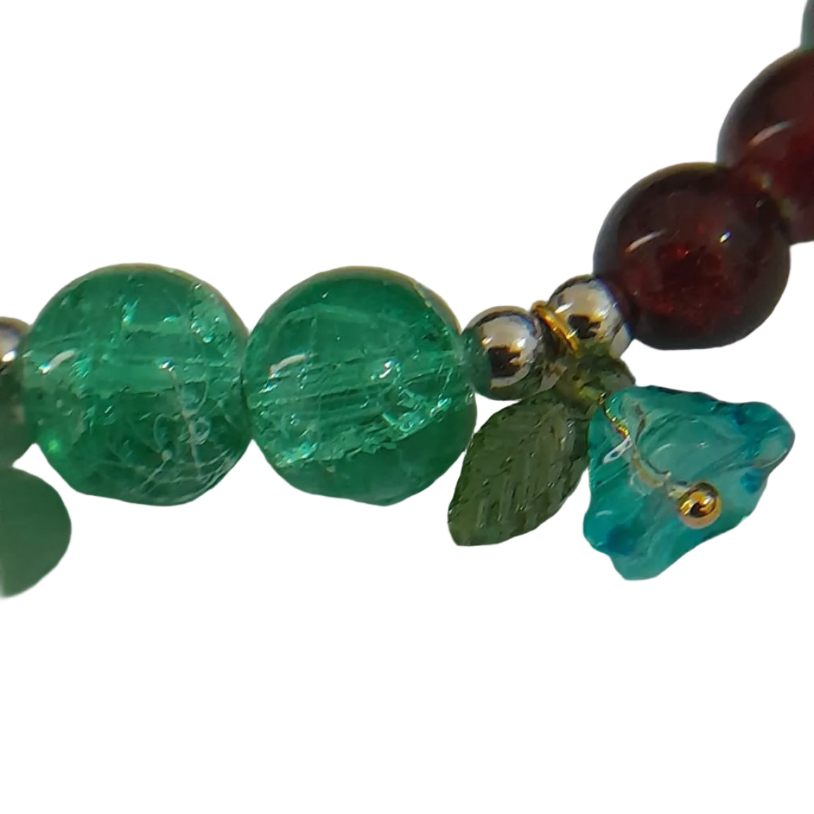 Green Crackle Glass & Red Bead Charm Bracelet - Prestige Stones