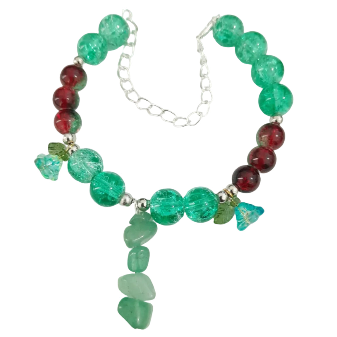 Colourful green and red crackle bead bracelet with leaf and flower charms, centre green chip drop, adjustable silver-tone chain