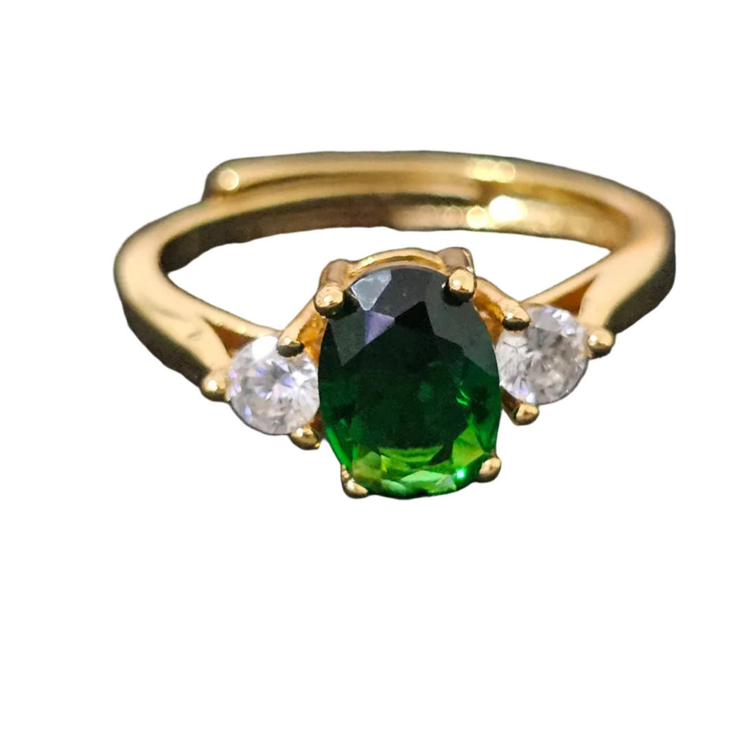 Green tourmaline center gemstone ring with white zircon accents in 18K gold plating, adjustable size L to S