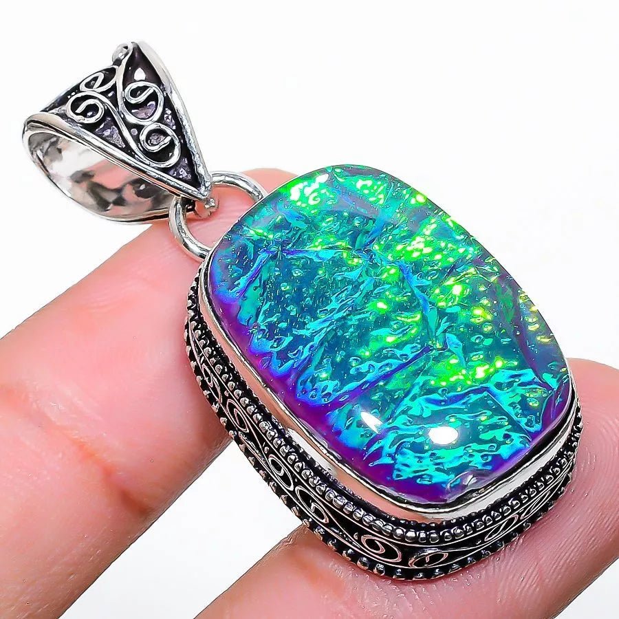 Green Triplet Opal Gemstone 925 Silver Handmade Ethnic Pendant – 1.77" | Lab Created - Prestige Stones