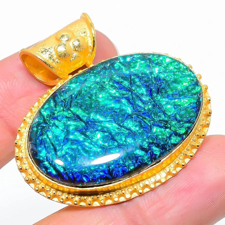 Green Triplet Opal Gemstone 925 Silver Handmade Jewelry Pendant – 1.58" | Lab Created | Gold Tone Finish - Prestige Stones