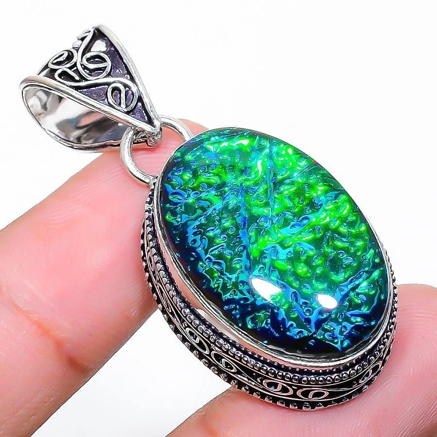 Handcrafted 925 silver pendant with lab-created green triplet opal gemstone – ethnic-inspired design, 1.77 inches length