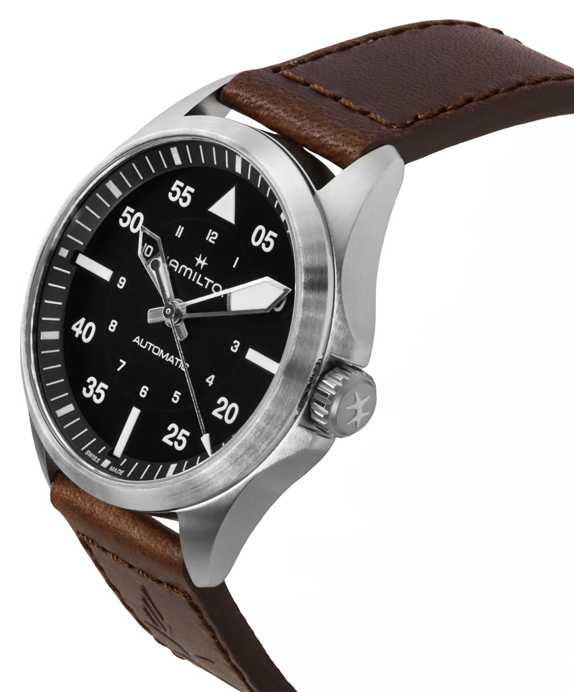Hamilton Khaki Aviation Pilot Leather Strap Black Dial Automatic H76305530 100M Men's Watch - Prestige Stones