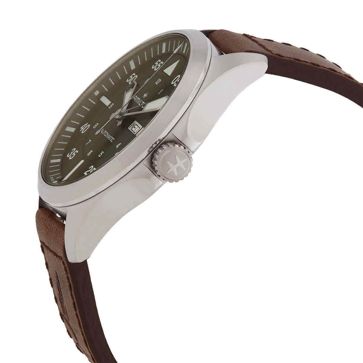Hamilton Khaki Aviation Pilot Leather Strap Green Dial Automatic H64635560 100M Men's Watch - Prestige Stones