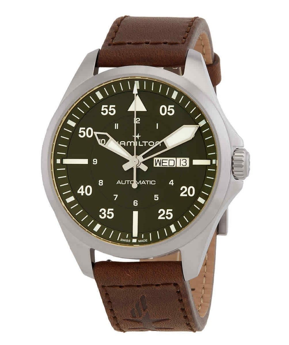 Hamilton Khaki Aviation Pilot Leather Strap Green Dial Automatic H64635560 100M Men's Watch - Prestige Stones