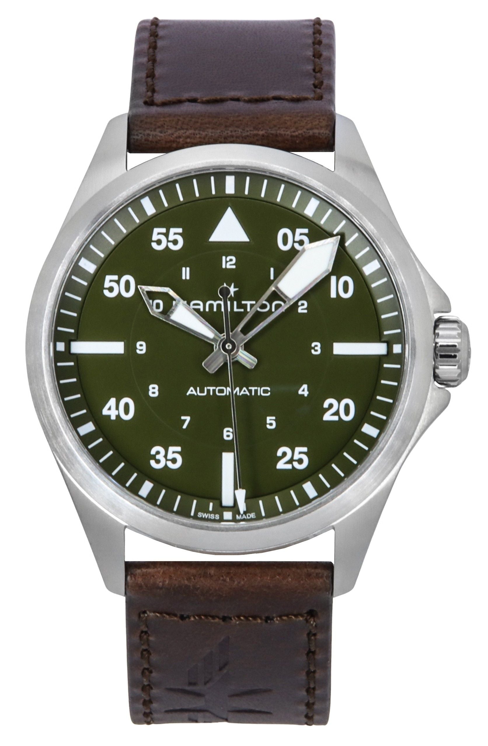 Hamilton Khaki Aviation Pilot Leather Strap Green Dial Automatic H76305560 100M Men's Watch - Prestige Stones