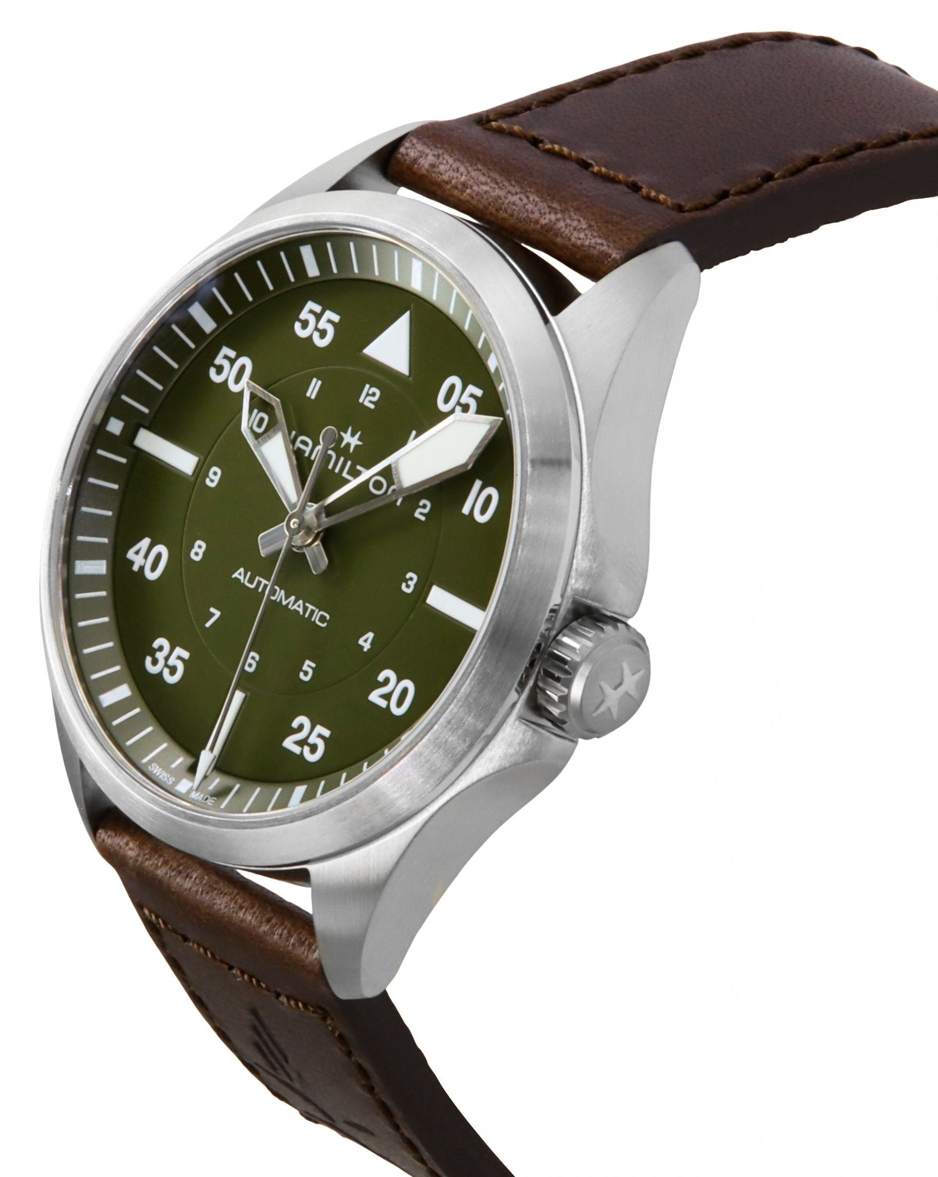 Hamilton Khaki Aviation Pilot Leather Strap Green Dial Automatic H76305560 100M Men's Watch - Prestige Stones