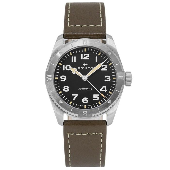 Hamilton Khaki Field Expedition Leather Strap Black Dial Automatic H70225830 100M Men's Watch - Prestige Stones