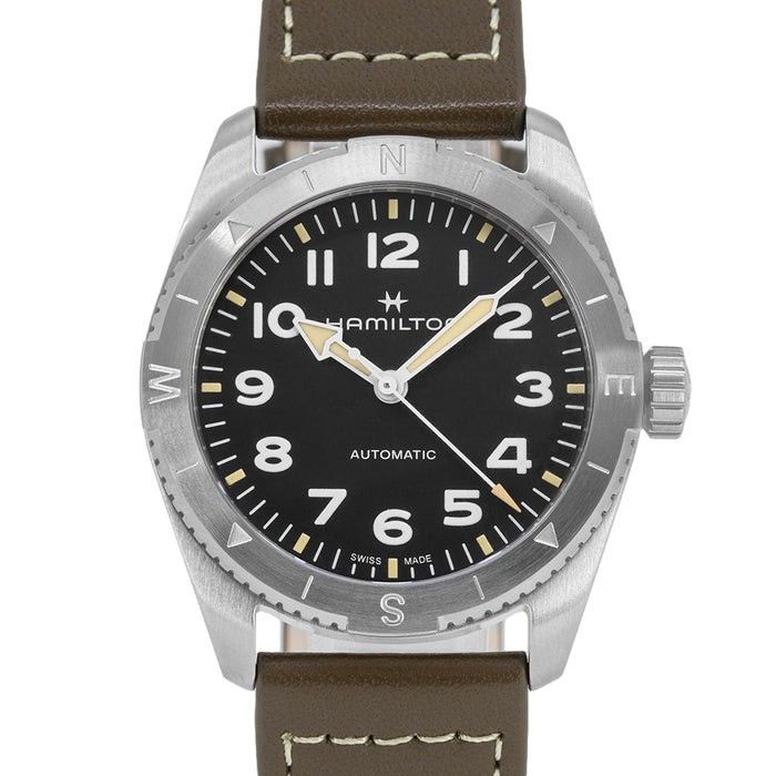 Hamilton Khaki Field Expedition Leather Strap Black Dial Automatic H70225830 100M Men's Watch - Prestige Stones