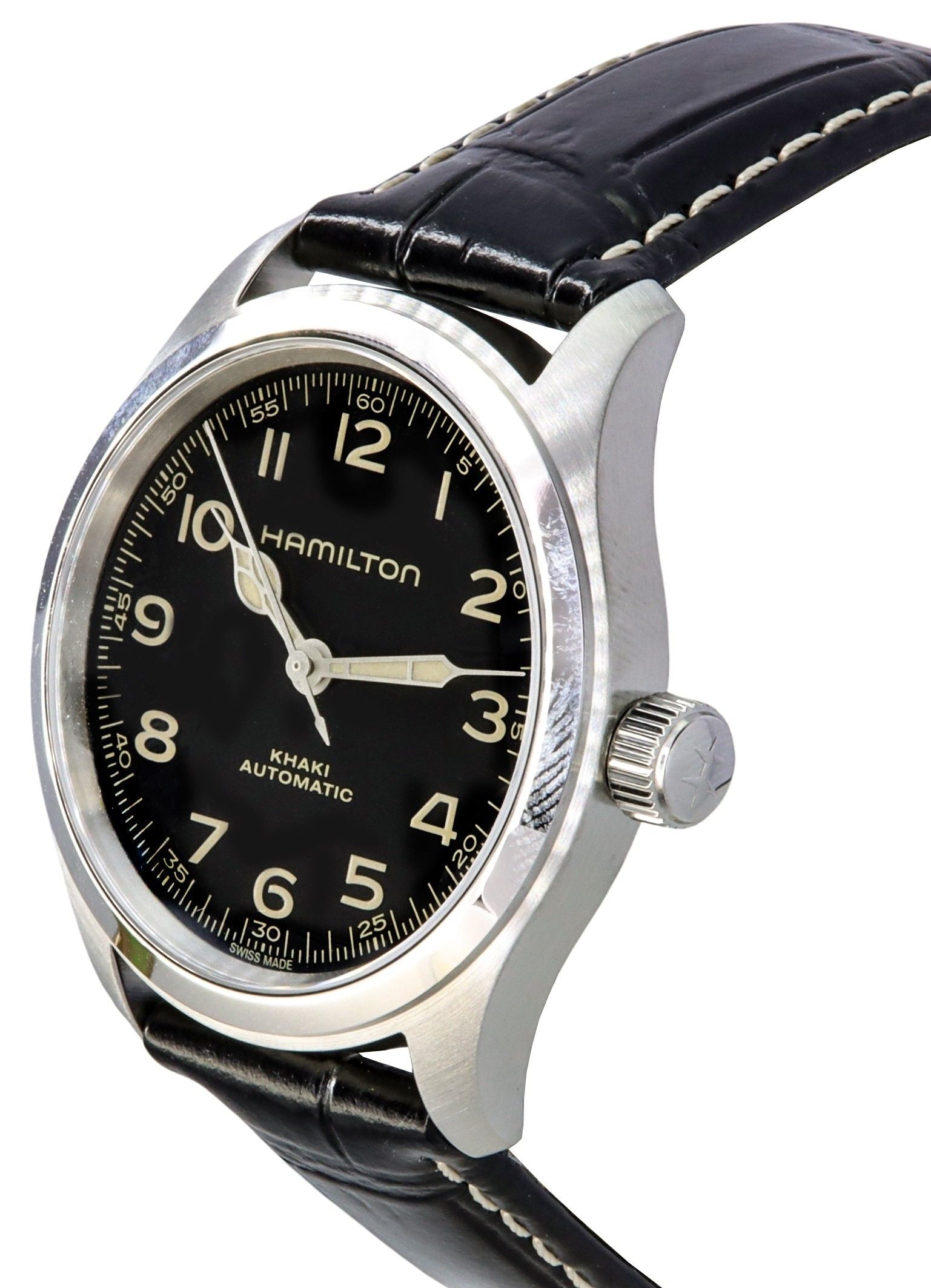 Hamilton Khaki Field Murph Leather Strap Black Dial Automatic H70405730 100M Men's Watch - Prestige Stones