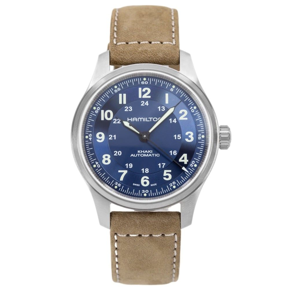 Hamilton Khaki Field Titanium Leather Strap Blue Dial Automatic H70545540 100M Men's Watch - Prestige Stones
