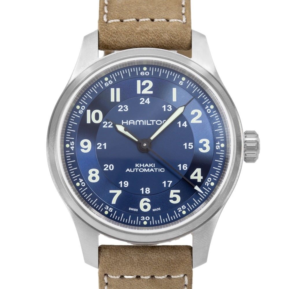 Hamilton Khaki Field Titanium Leather Strap Blue Dial Automatic H70545540 100M Men's Watch - Prestige Stones