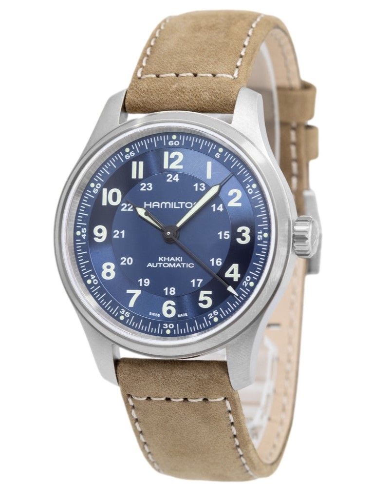 Hamilton Khaki Field Titanium Leather Strap Blue Dial Automatic H70545540 100M Men's Watch - Prestige Stones