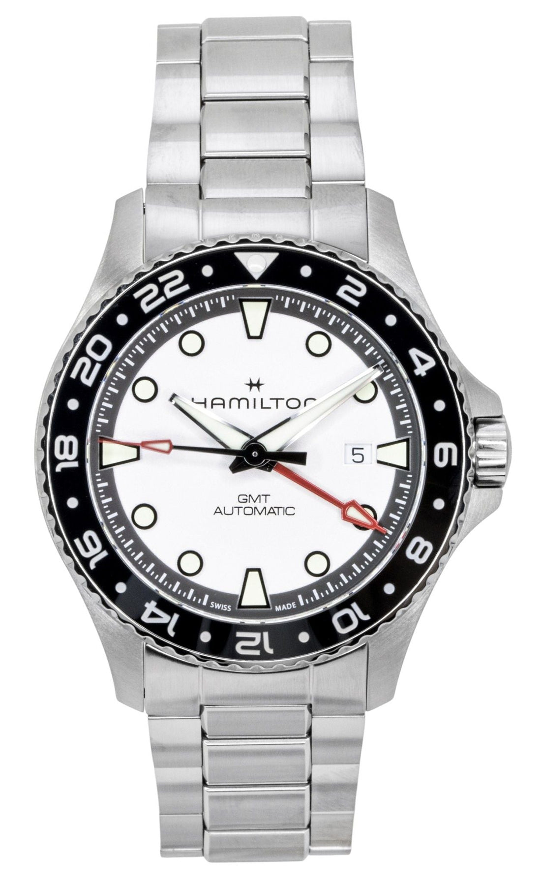 Hamilton Khaki Navy Scuba GMT Stainless Steel Silver Dial Automatic Diver's H82555150 300M Men's Watch - Prestige Stones