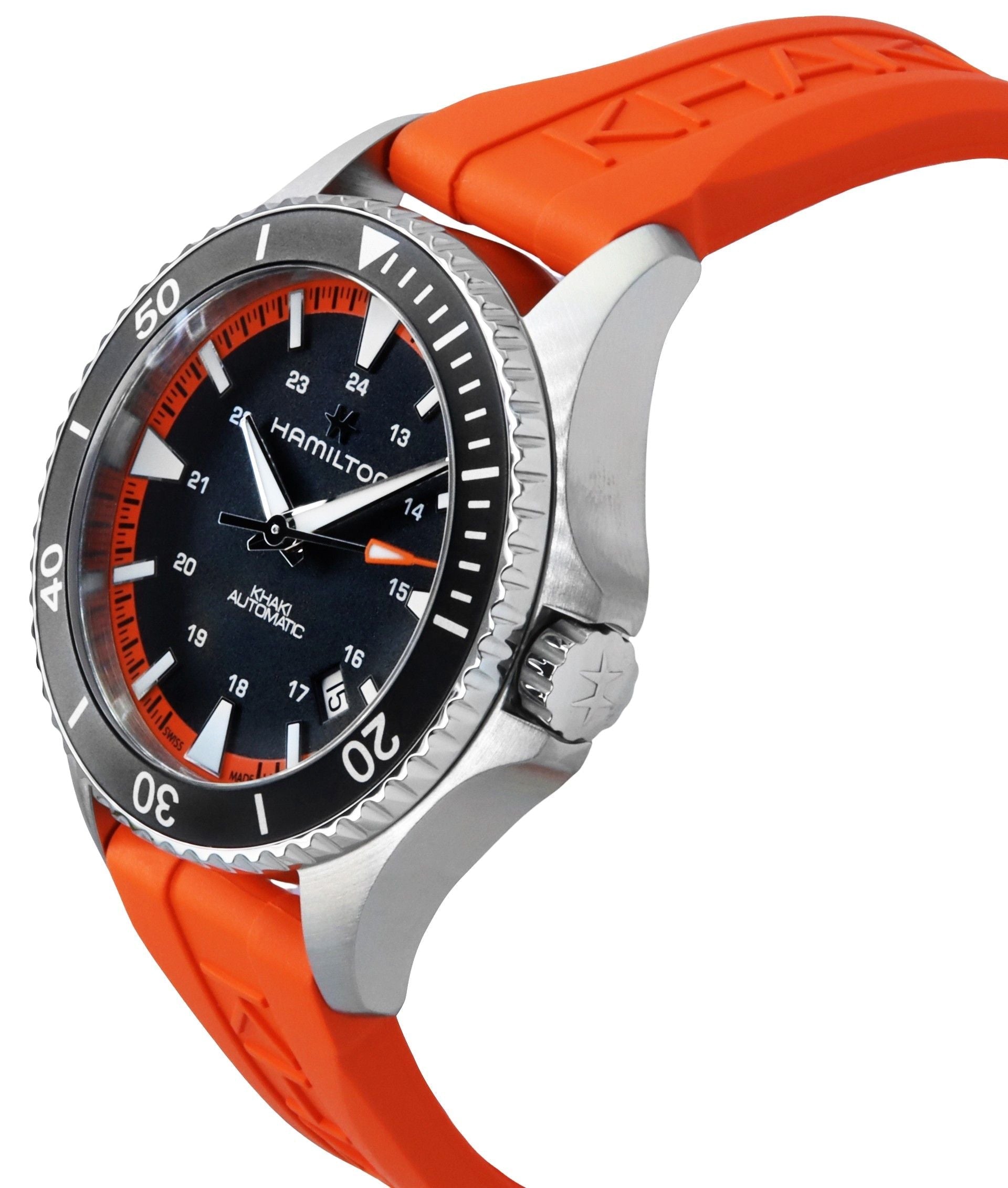 Hamilton Khaki Navy Scuba Orange Rubber Strap Black Dial Automatic H82395331 100M Men's Watch - Prestige Stones
