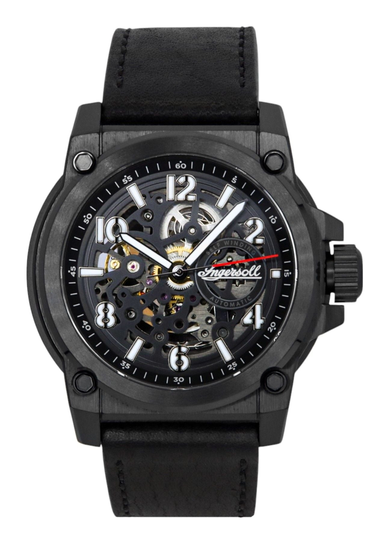 Ingersoll The Anvil Leather Strap Black Skeleton Dial Automatic I16602 Men's Watch - Prestige Stones