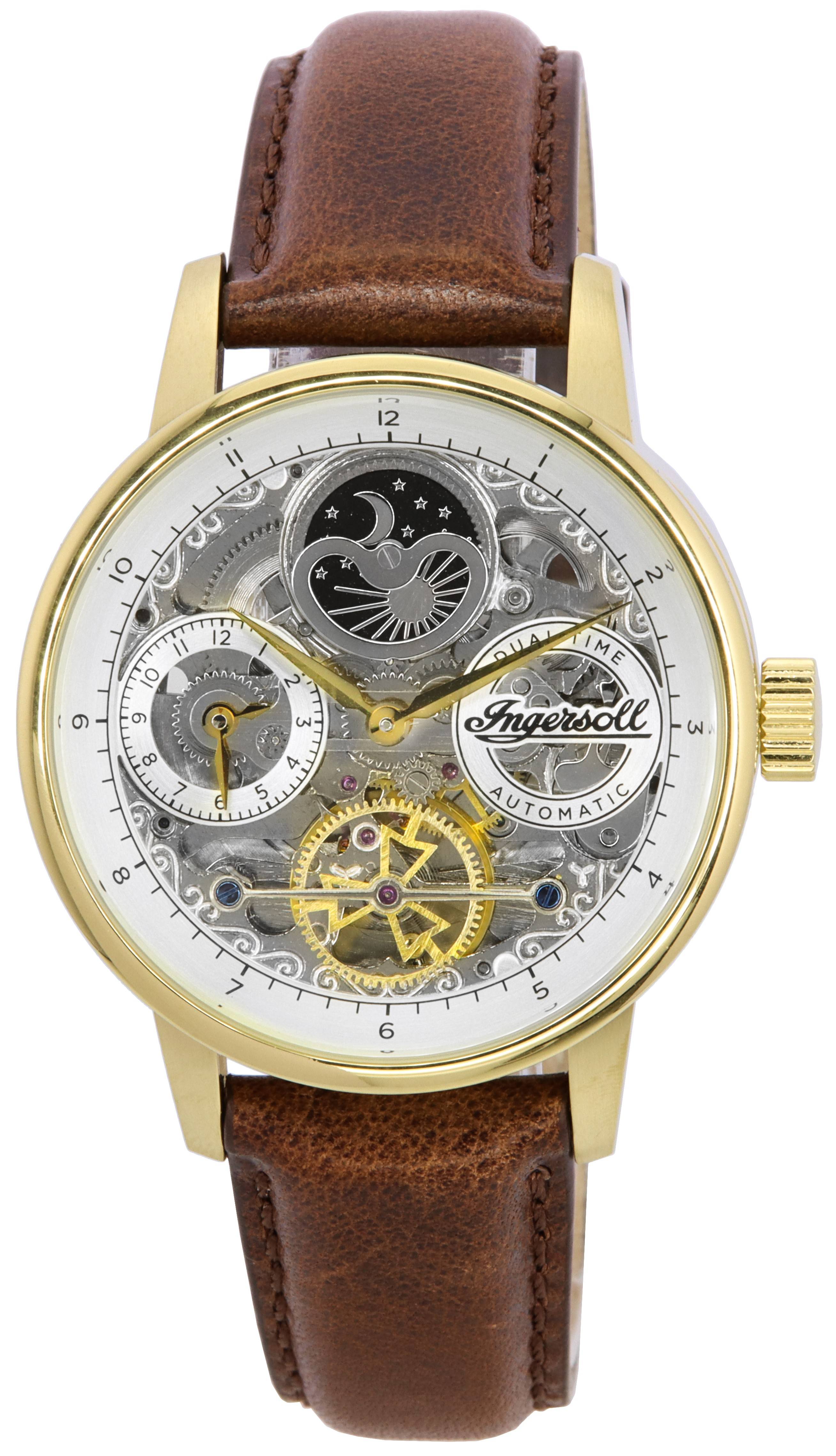 Ingersoll The Jazz Moon Phase Leather Strap Skeleton Gold Dial Automatic I07704 Men's Watch - Prestige Stones